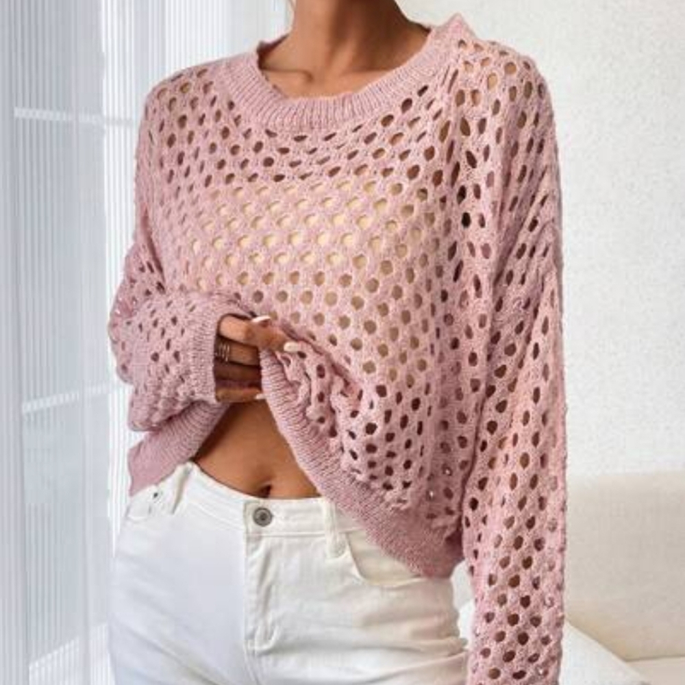 💚 3 For $15 💚 CROCHET Hollow Out Drop Shoulder Open Knit Sweater  Size Large - Picture 7 of 7